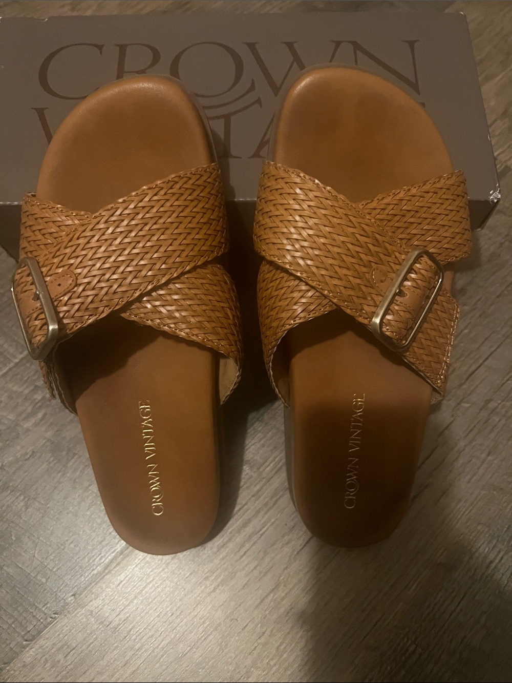 Crown Vintage Cognac Woven Buckle Slide Sandals